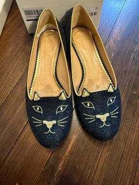 Charlotte Olympia Blue glitter Cat Embroidered Ballet Flats